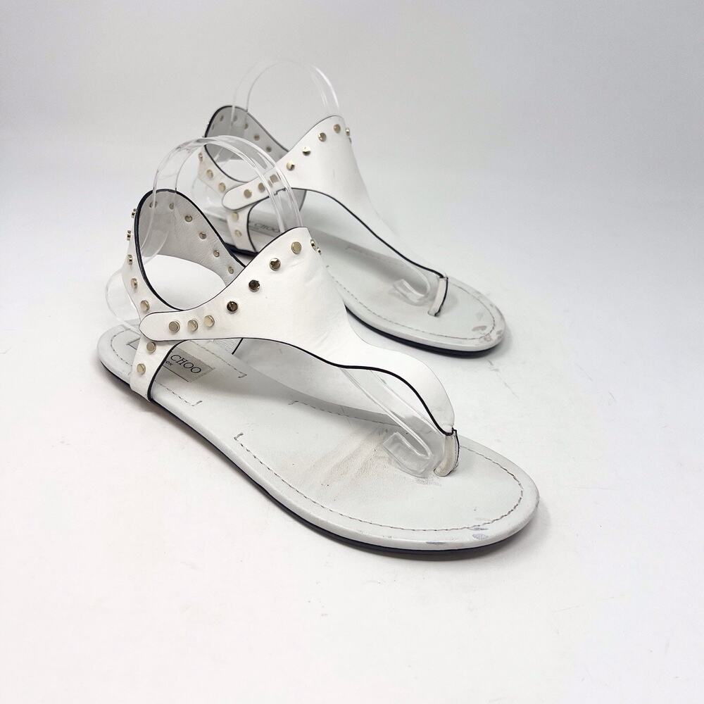 JIMMY CHOO Dara Studded White Leather T-Strap Sandals 40 EU *Worn* Women’s